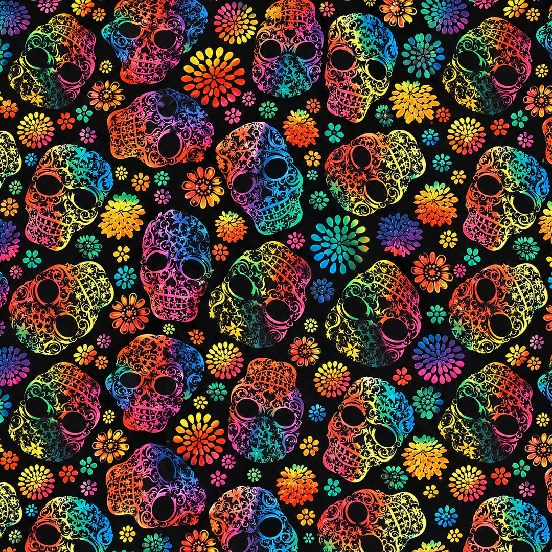 Close-up fabric swatch of rainbow filigree calaveras and cempásuchil blooms on black, used for this bouffant scrub cap