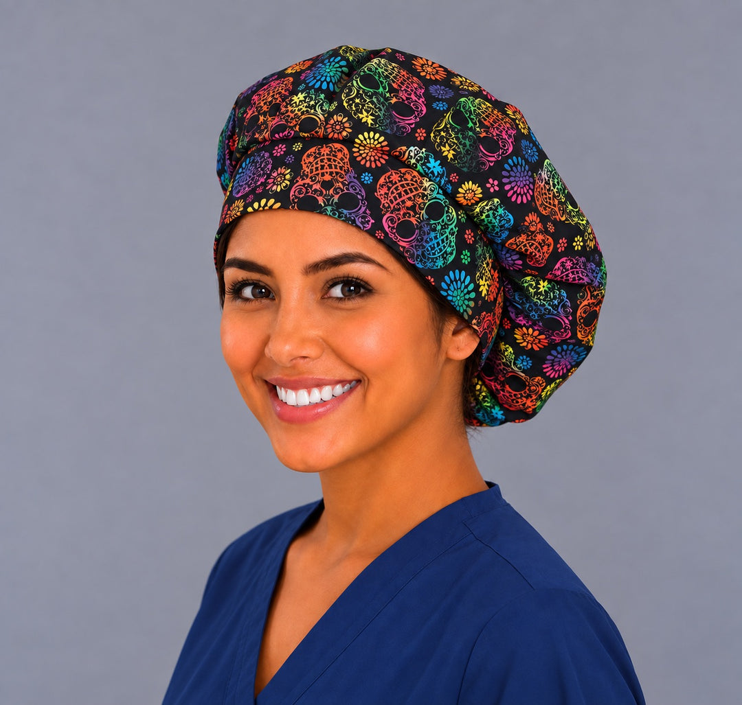 Rainbow filigree sugar skull bouffant scrub cap, left three-quarter view, black Mexican Día de los Muertos surgical hat for thick and curly hair