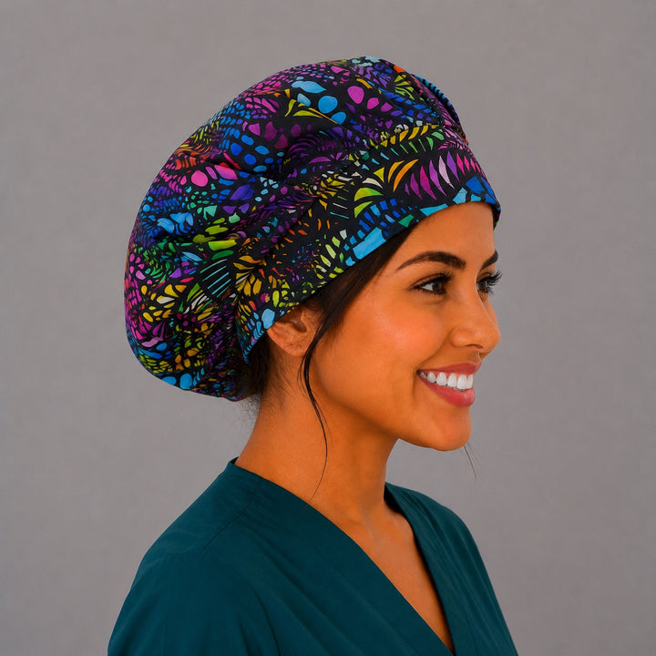 Rainbow mosaic bouffant scrub cap back view showing full bright feather-and-dot mosaic on black, OR World colorful Pride surgical hat