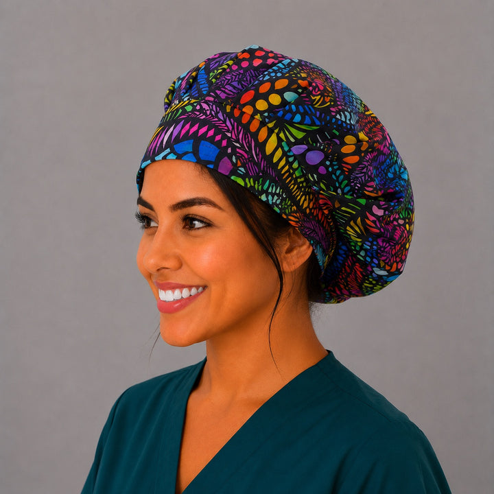 Rainbow mosaic bouffant scrub cap for women, front view, colorful feather-and-dot mosaic on black, handmade Pride surgical hat by OR World