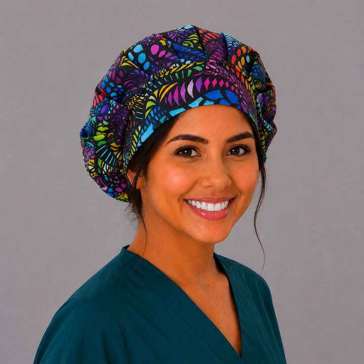 Rainbow mosaic bouffant scrub cap left side profile showing bright multicolor mosaic on black, OR World colorful surgical hat