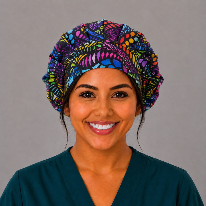 Rainbow mosaic bouffant scrub cap left three-quarter angle on smiling model showing colorful feather-and-dot mosaic on black, women&