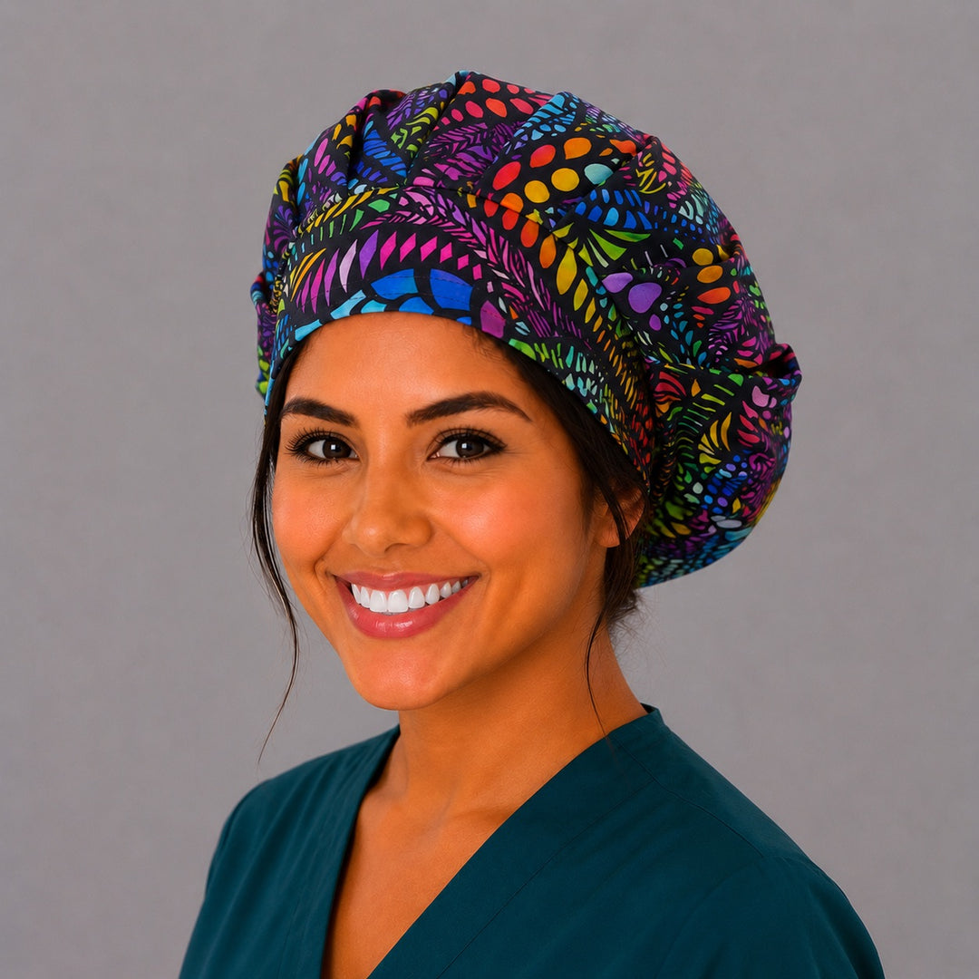Rainbow mosaic bouffant scrub cap right side profile showing colorful feather-and-dot mosaic on black, women's nurse hat OR World