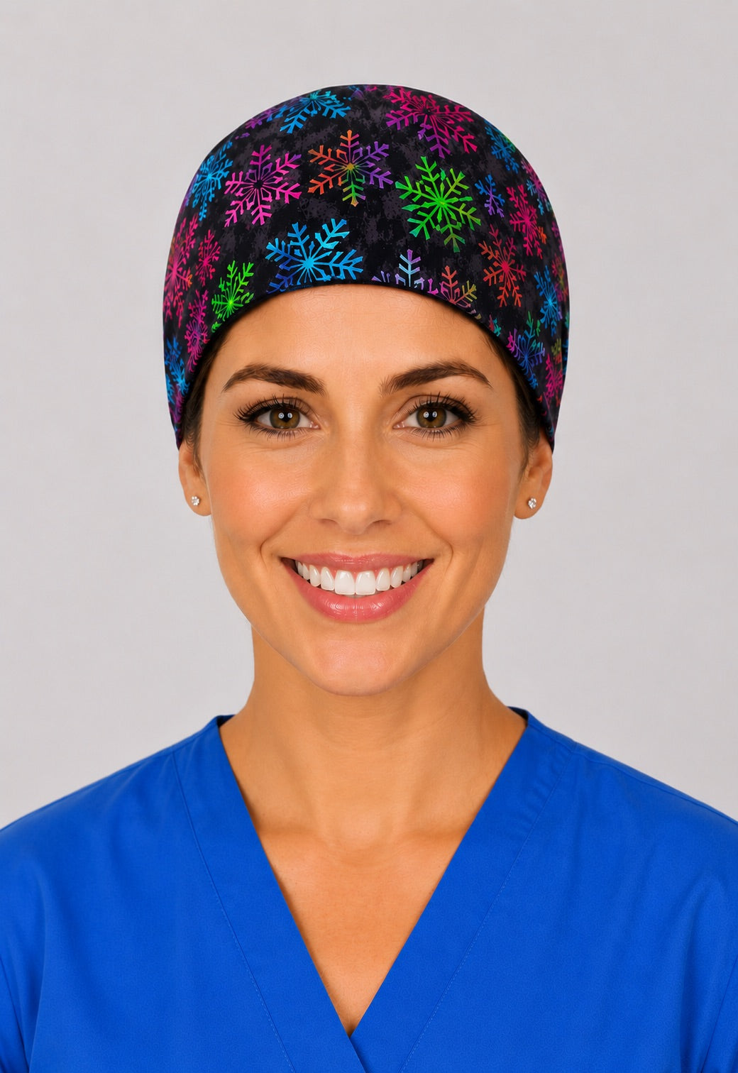 Back view of adjustable tie-back knot on black rainbow snowflake unisex surgical hat