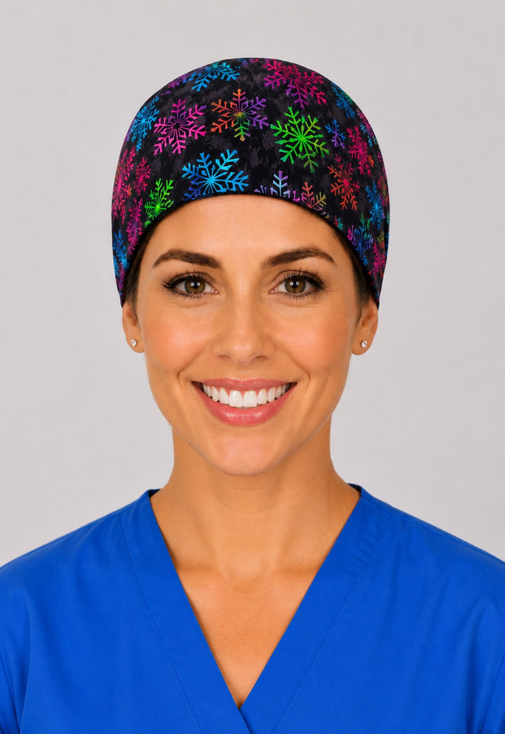 Back view of adjustable tie-back knot on black rainbow snowflake unisex surgical hat