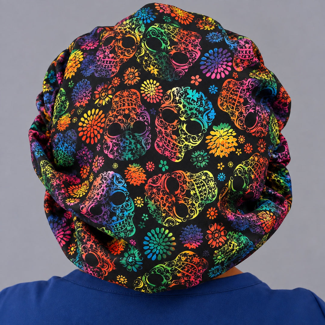 Back of the rainbow sugar skull bouffant showing full hair coverage and adjustable elastic back