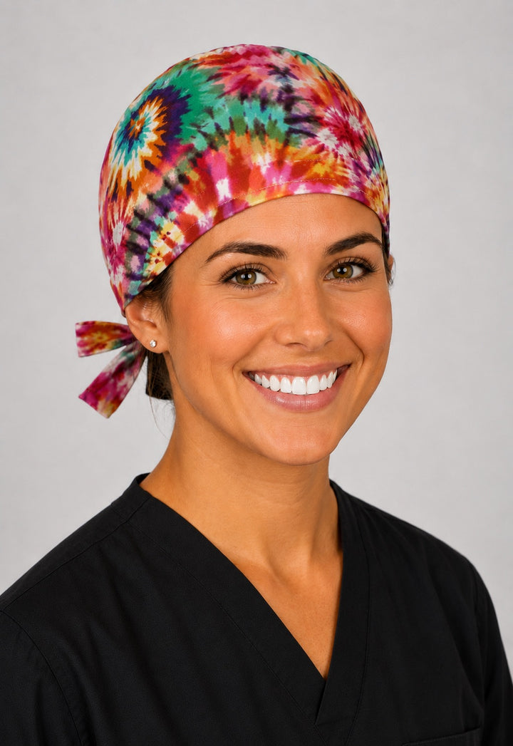 Three-quarter view of colorful rainbow tie dye scrub cap for women with short hair, adjustable surgical hat