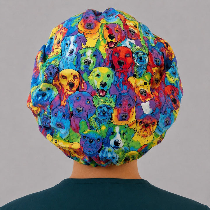 Rainbow watercolor dog bouffant scrub cap back view showing full print of colorful puppy and dog portraits in rainbow watercolor, OR World veterinary surgical hat