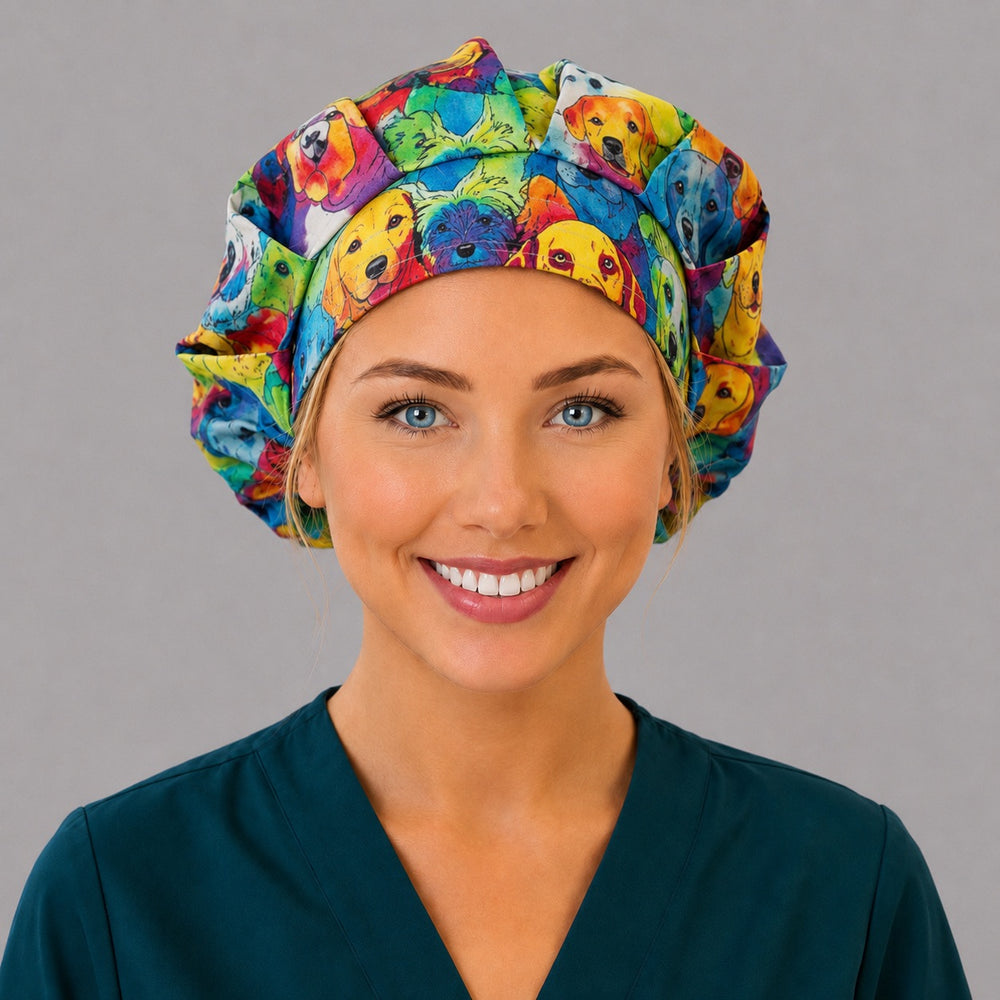 Rainbow watercolor dog bouffant scrub cap for women, front view, colorful puppy and dog portraits in rainbow watercolor, handmade surgical hat by OR World