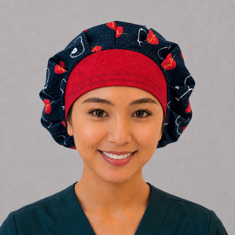 Red band cardiology bouffant surgical cap, smiling front view — deep gathered fit that secures long thick or braided hair