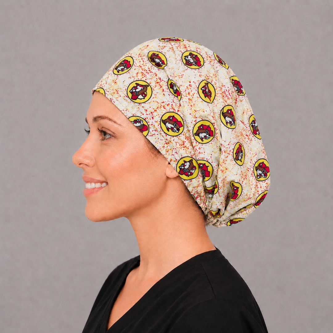 Left side profile of the red cap beaver Euro surgical hat — low-profile fit, breathable cotton cap for nurses and surgical techs