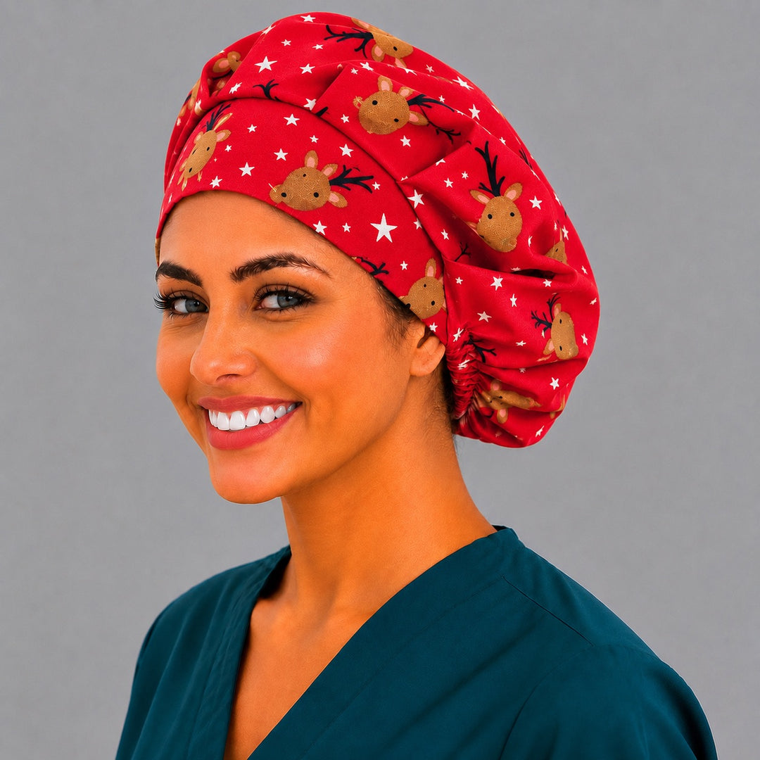 Red Christmas bouffant surgical cap for women, three-quarter view — reindeer and star print bouffant scrub hat, breathable cotton