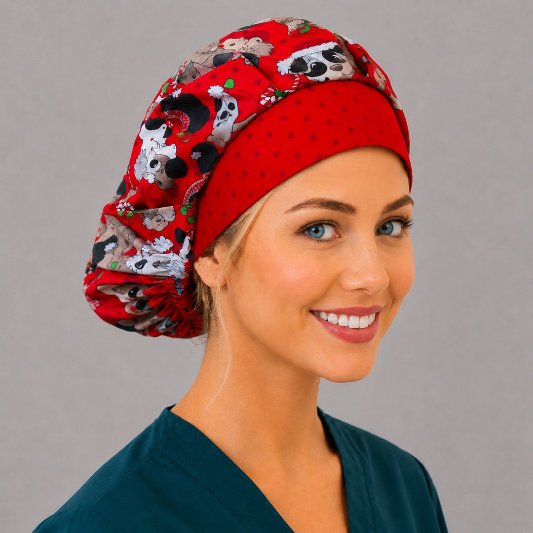 Red Christmas dog bouffant surgical cap, left angled view — deep gathered fit that secures long thick hair, favorite with vet techs