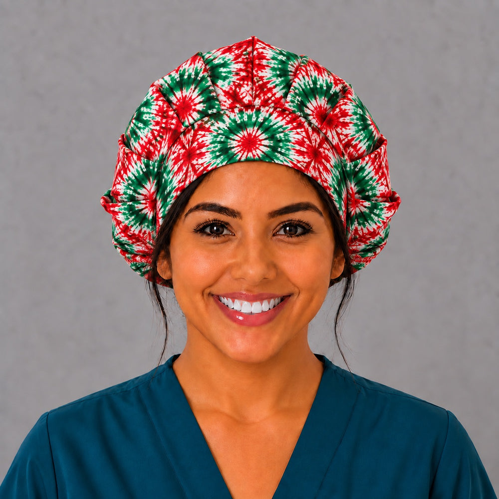 Nurse wearing a red and green bouffant surgical hat, front view, pleated full crown in holiday tie-dye