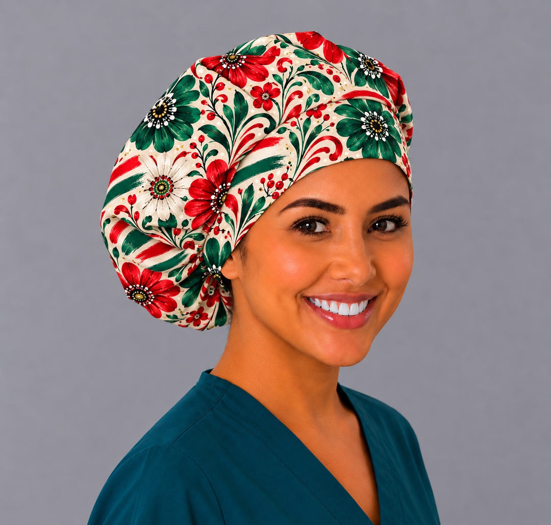 Red, green and white bouffant cap for thick hair, right three-quarter view, gorro quirúrgico con el escudo de México, handmade in USA