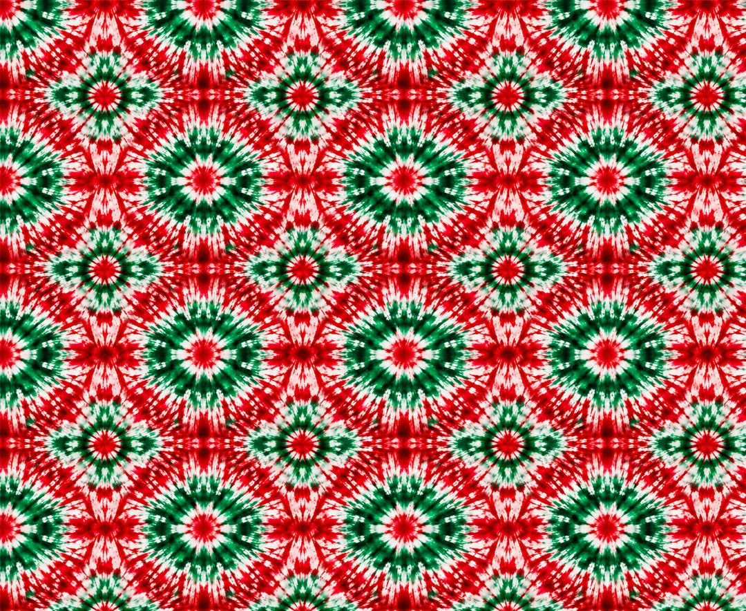 Fabric swatch of the red, green and white tie-dye mandala print used on this ponytail scrub cap, Mexican flag and Christmas colors