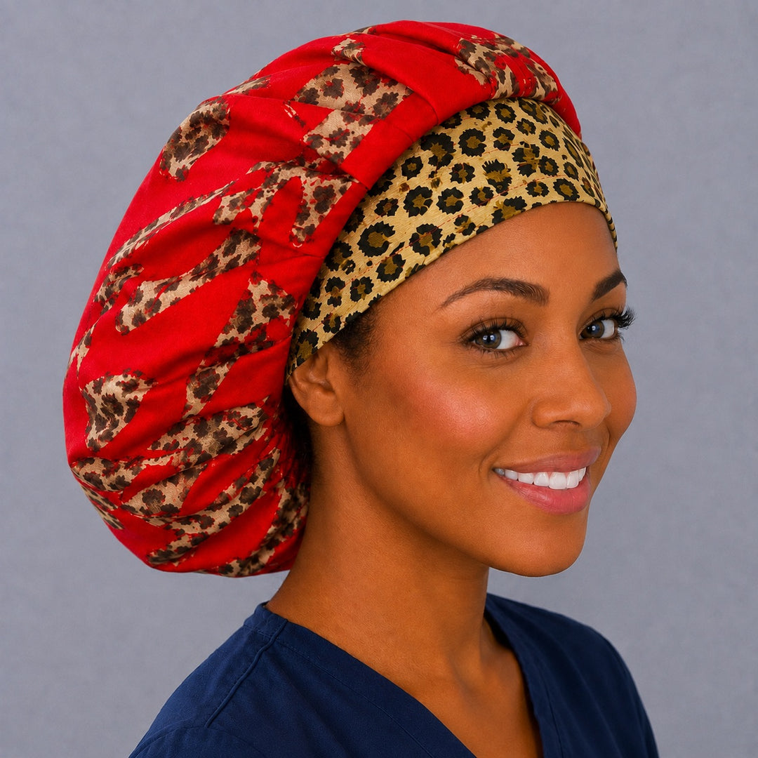Red leopard heart bouffant cap for women, right angled view — handmade animal print surgical cap, USA made