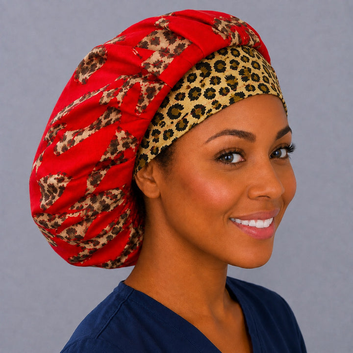 Red leopard heart bouffant cap for women, right angled view — handmade animal print surgical cap, USA made