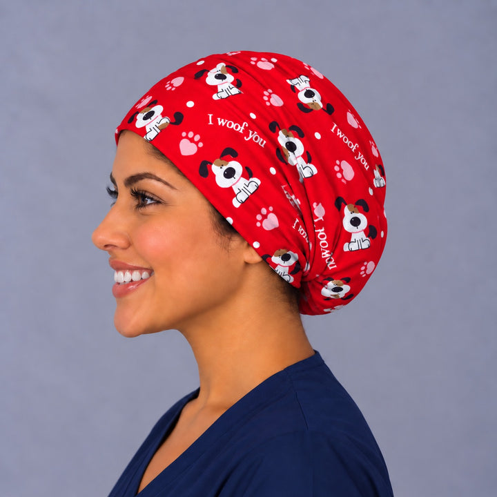 Red puppy paw Euro cap, left side profile — handmade Valentine&