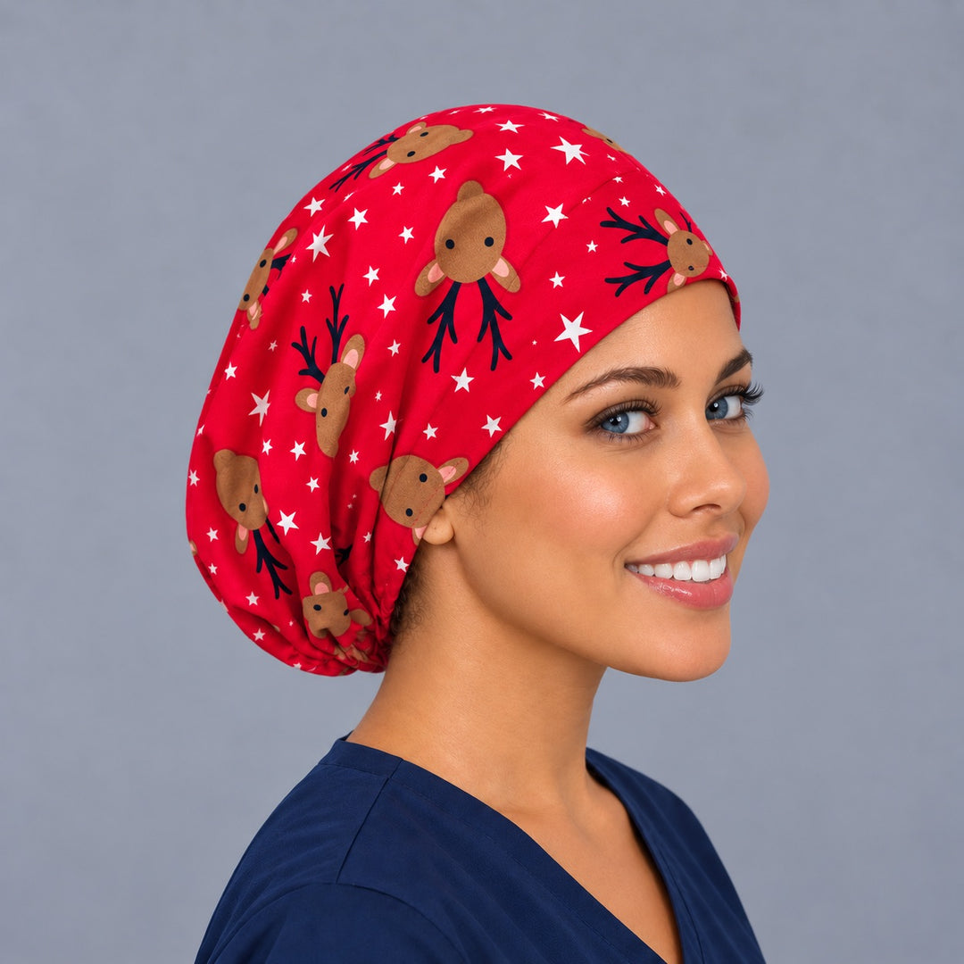 Red reindeer Euro scrub cap, right angled view — festive print for OR nurses, surgical techs and vet teams