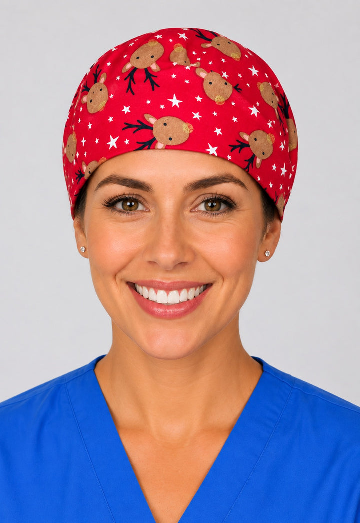 Red reindeer holiday surgical hat in straight front view, unisex Christmas cap sized for short hair