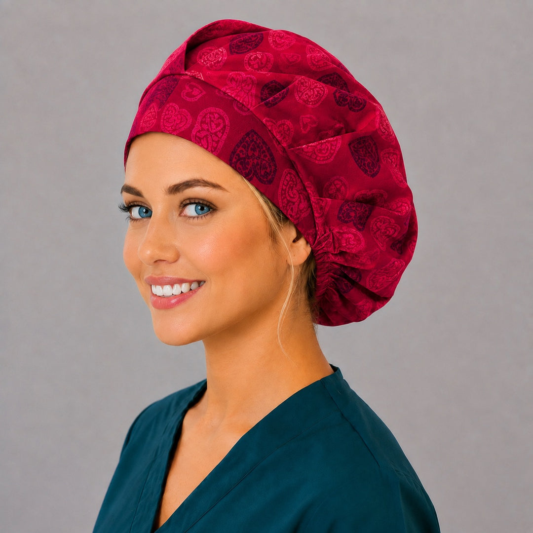 Red Valentine bouffant surgical cap for long hair, left angled view — deep gathered fit that secures thick or braided hair
