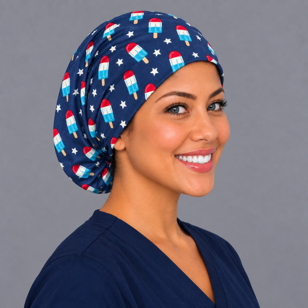 Right side profile of the red white and blue popsicle Euro surgical hat — star print, breathable cotton cap for nurses