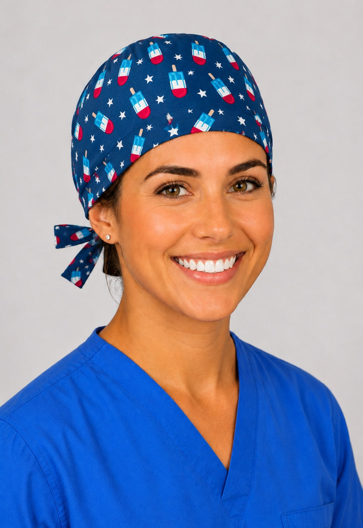 Three-quarter view of red white and blue popsicle unisex Fourth of July surgical hat for nurses and surgical techs