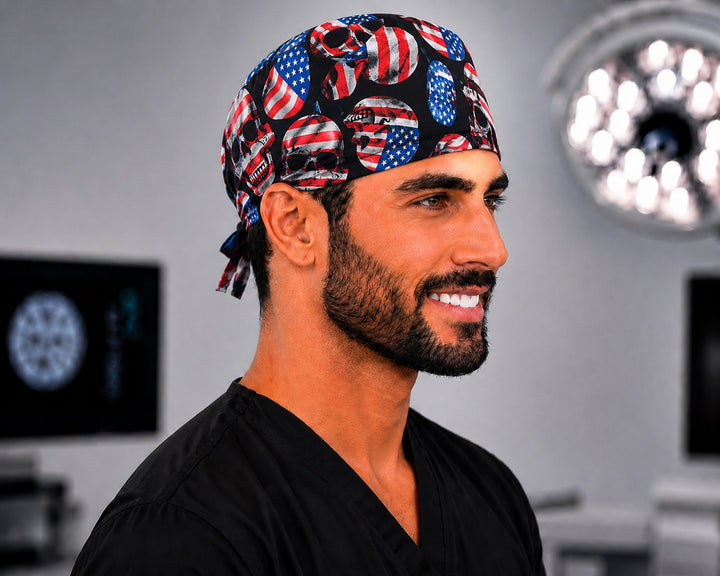 Red white and blue American flag skull scrub cap on a man, side profile — patriotic OR nurse cap