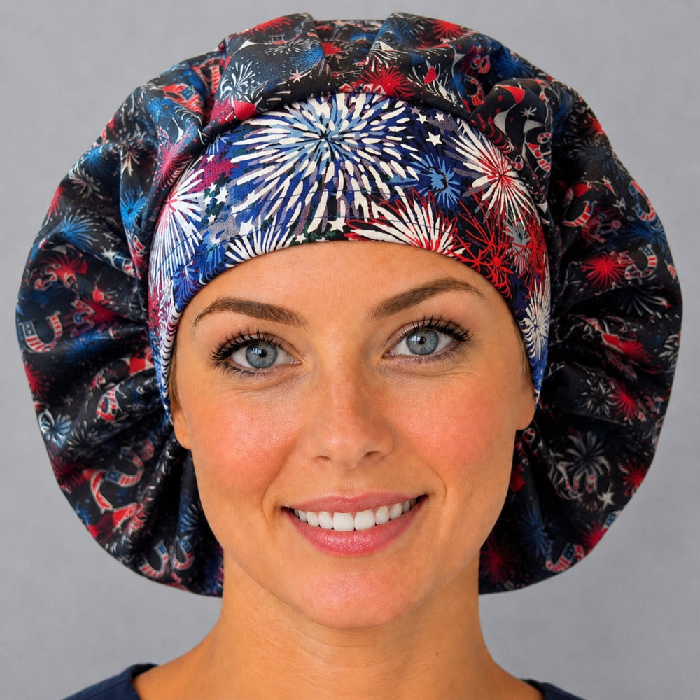 Right side profile of the Red White & Boom bouffant surgical hat — navy fireworks and USA bunting print, roomy breathable cotton cap
