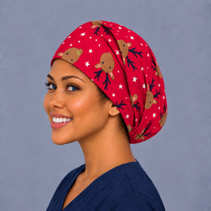 Reindeer and star Euro cap, left angled smiling view — handmade Christmas surgical cap, USA made
