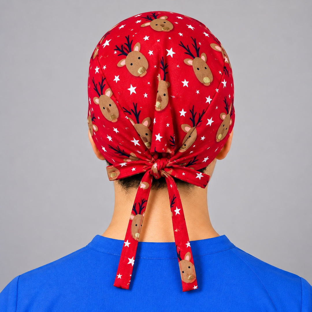 Rear knot with long ties on reindeer and star scrub hat, adjustable Christmas cap shown from behind