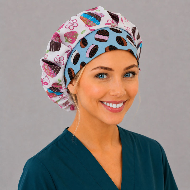 Retro dessert bouffant surgical cap for women, three-quarter view — cupcakes and flowers with ice cream sandwich band, breathable cotton