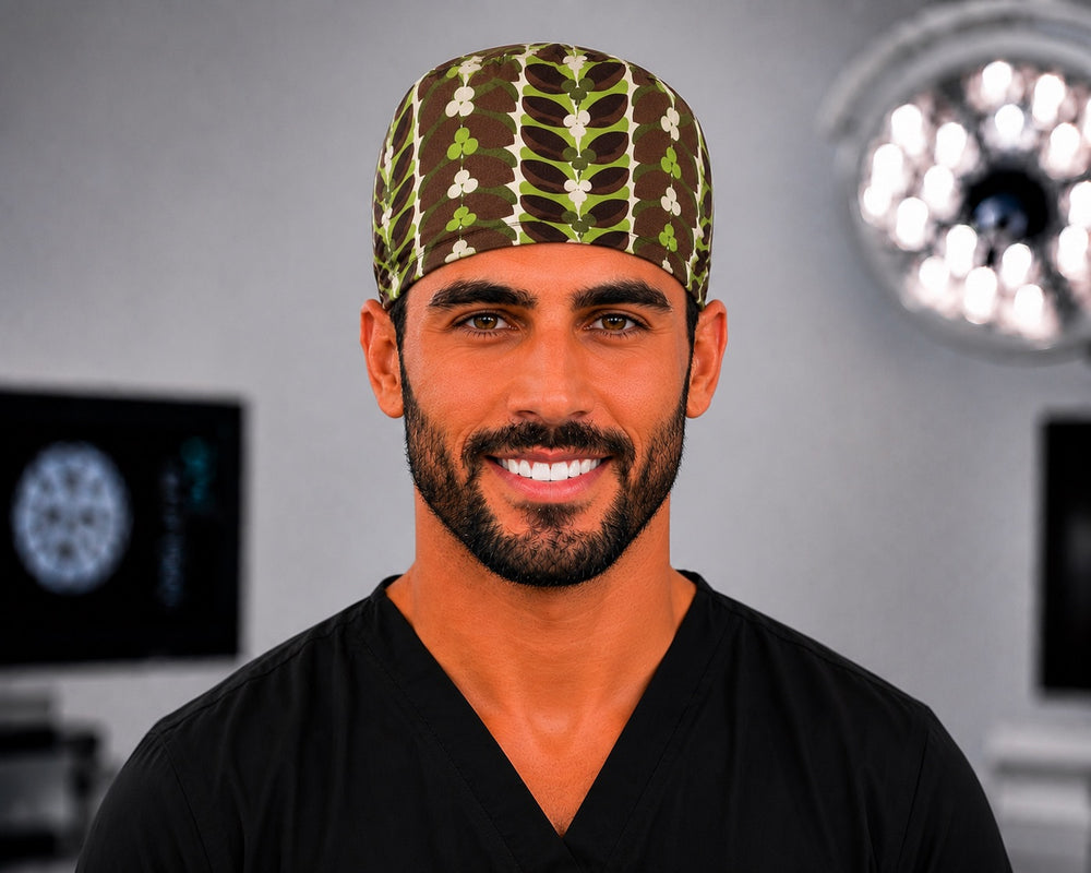 Front view of rustic brown and green retro leaf men's tie-back scrub cap, earthy OR surgical hat handmade in the USA