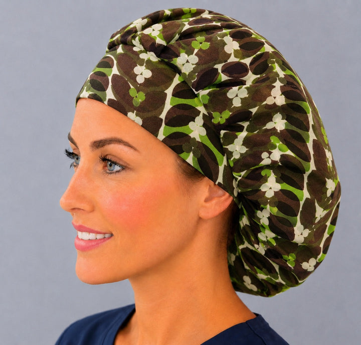 Retro mod leaf bouffant cap for women, left side profile — handmade vintage botanical surgical cap, USA made