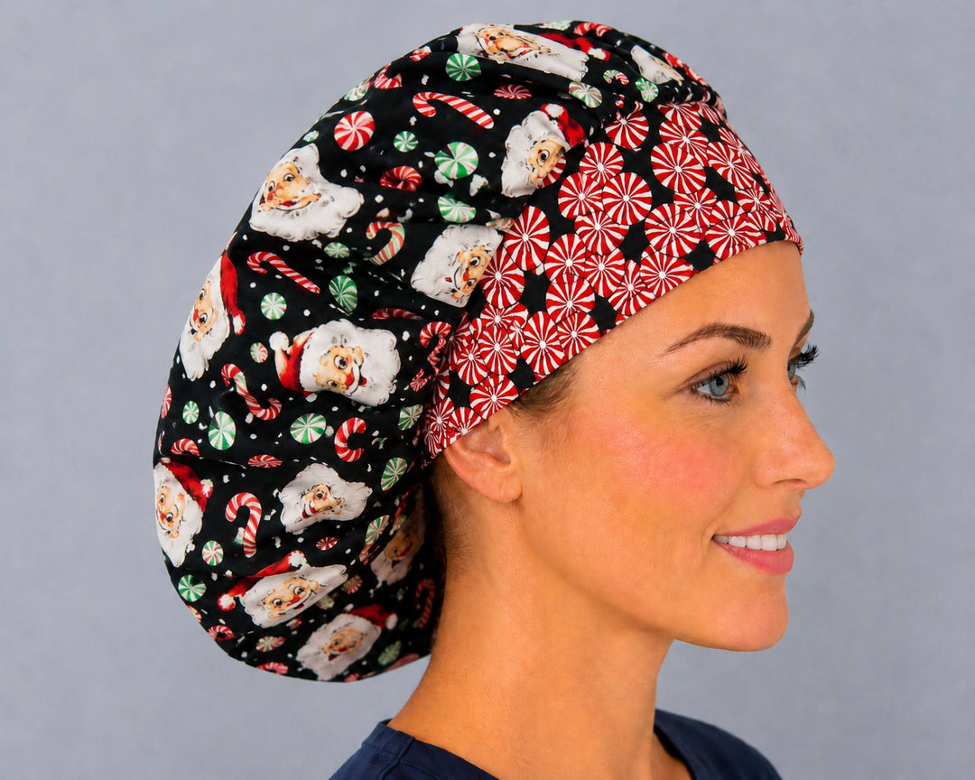 Retro Santa bouffant scrub cap, right side profile — peppermint swirl band with black Santa print for OR nurses and surgical techs