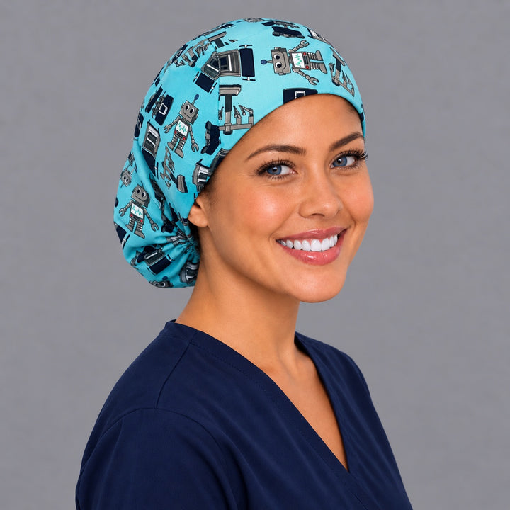 Robot print Euro surgical cap, left angled view — elastic adjustable back that secures long or thick hair