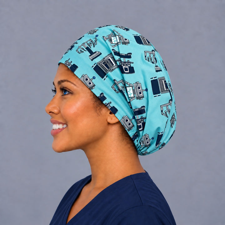 Robotic surgery Euro cap, left side profile — handmade teal robot print surgical cap, USA made