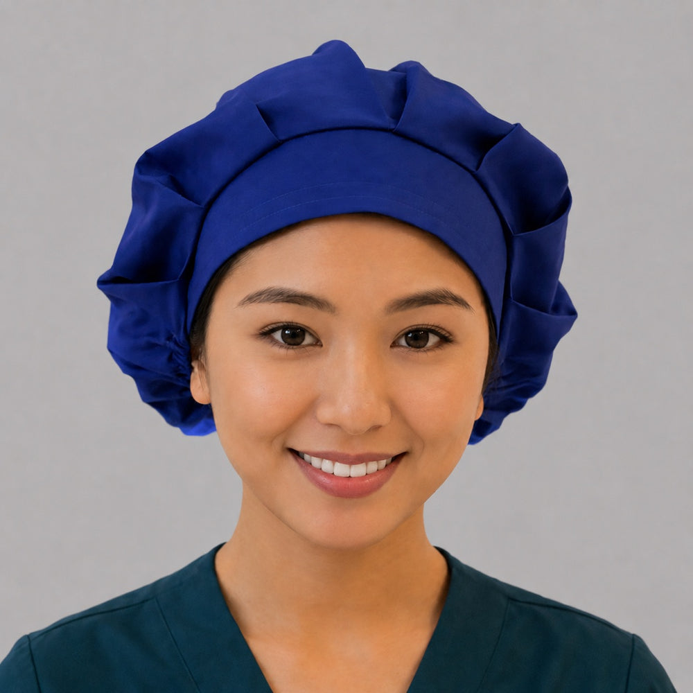 Royal blue bouffant scrub cap for women, front view, solid royal blue handmade surgical hat by OR World