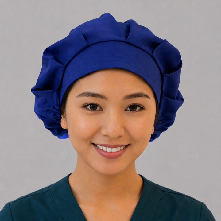 Royal blue bouffant scrub cap for women, front view, solid royal blue handmade surgical hat by OR World