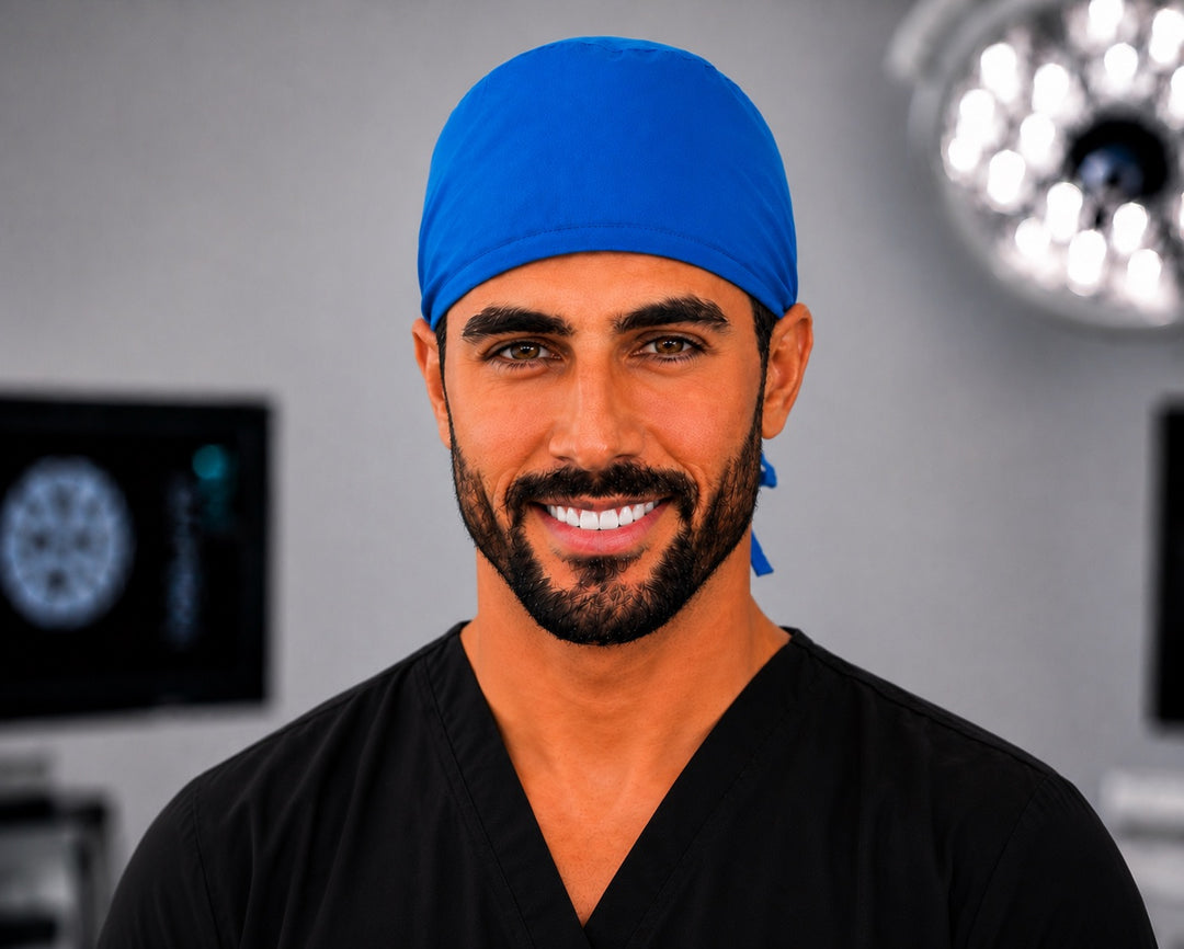 Solid royal blue scrub cap for men, tie-back OR surgical hat handmade in the USA for nurses and surgeons, front view