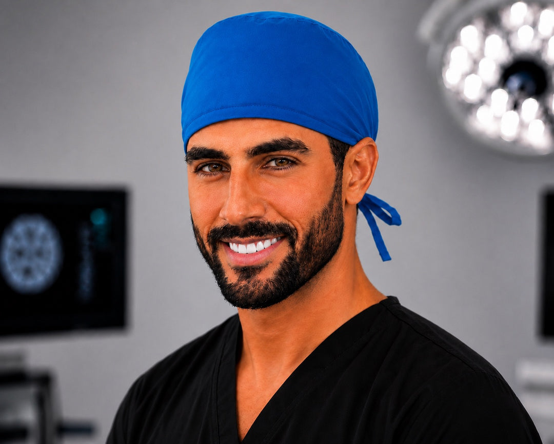 Royal blue scrub cap for men, solid tie-back surgical hat, handmade on a male OR nurse, front view