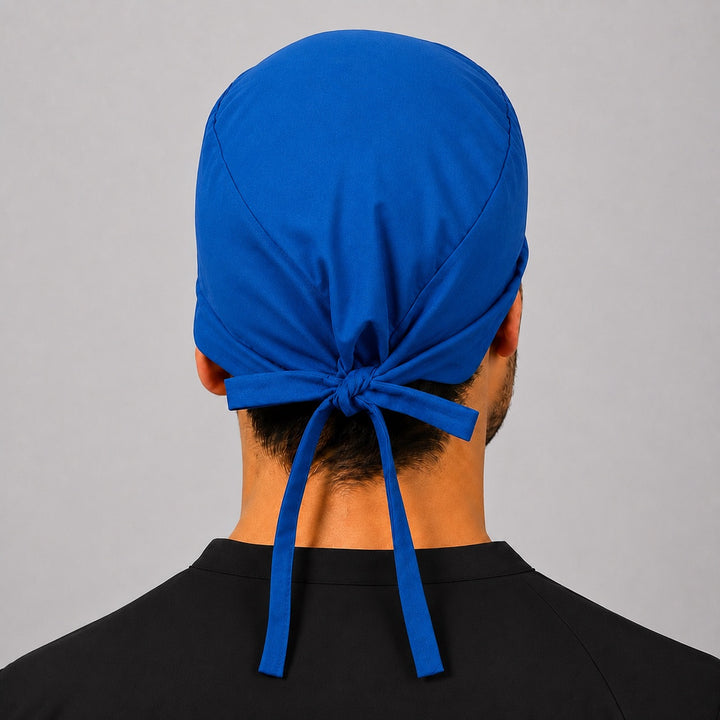 Back view of adjustable tie-back knot on solid royal blue men&