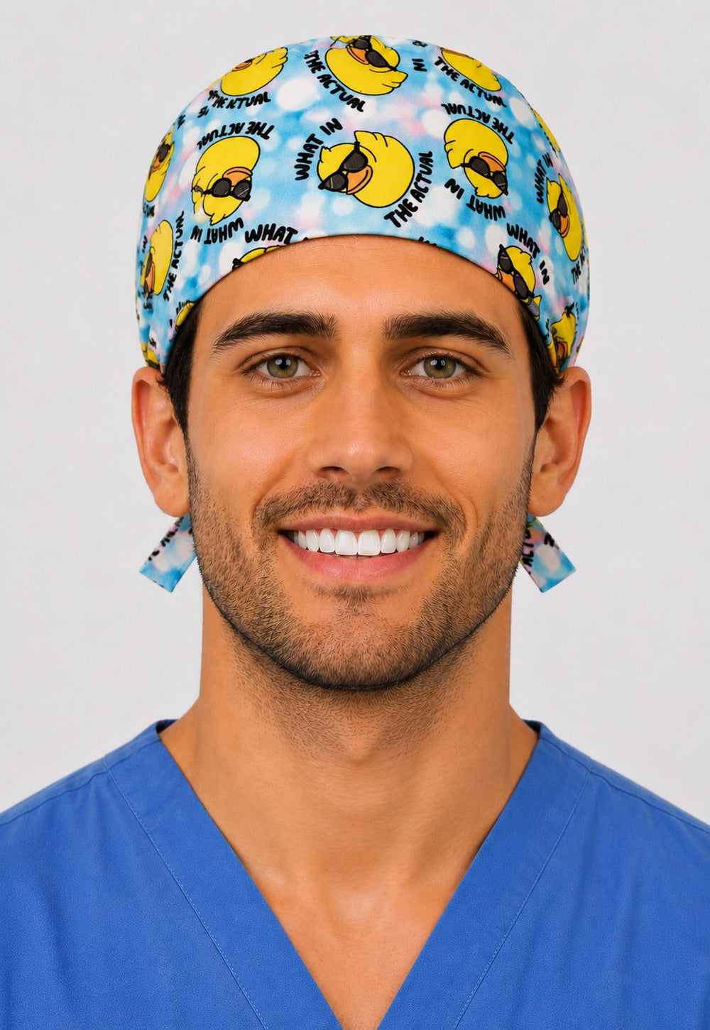 Rubber duck sunglasses scrub cap angled view — funny nurse humor surgical cap, handmade in the USA, great gift for medical staff