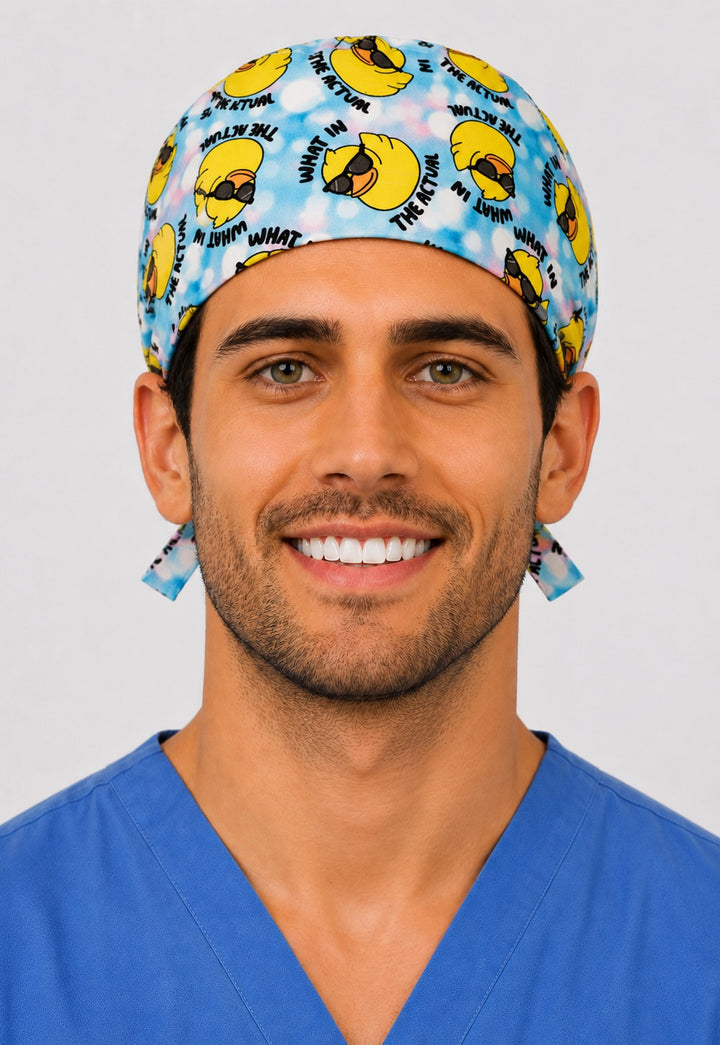 Rubber duck sunglasses scrub cap angled view — funny nurse humor surgical cap, handmade in the USA, great gift for medical staff