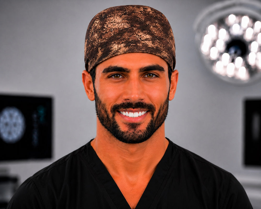 Man in rustic fall autumn scrub cap for men and women, brown copper surgical hat, straight front view