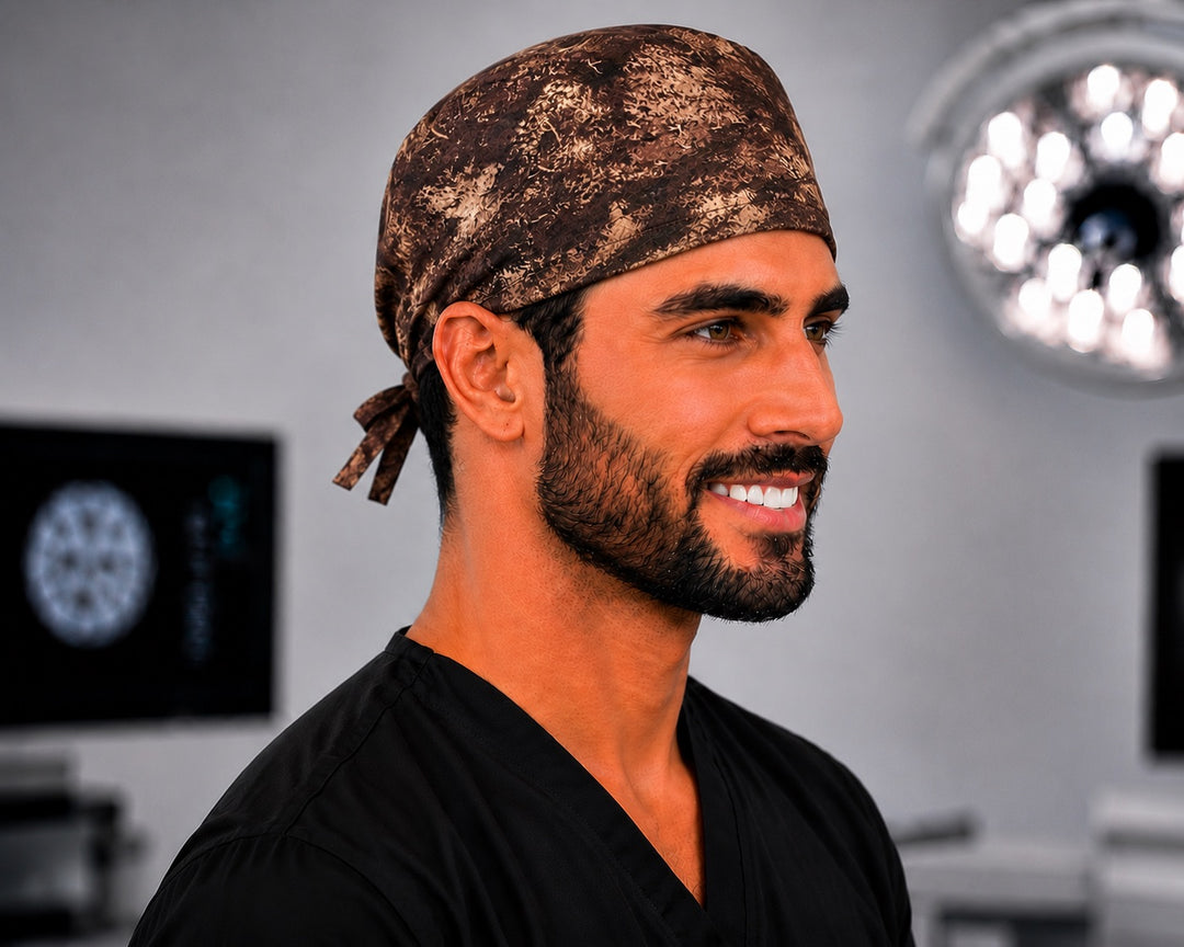 Rustic fall brown and copper tieback scrub cap on a man, side view — autumn OR cap for nurses and surgeons