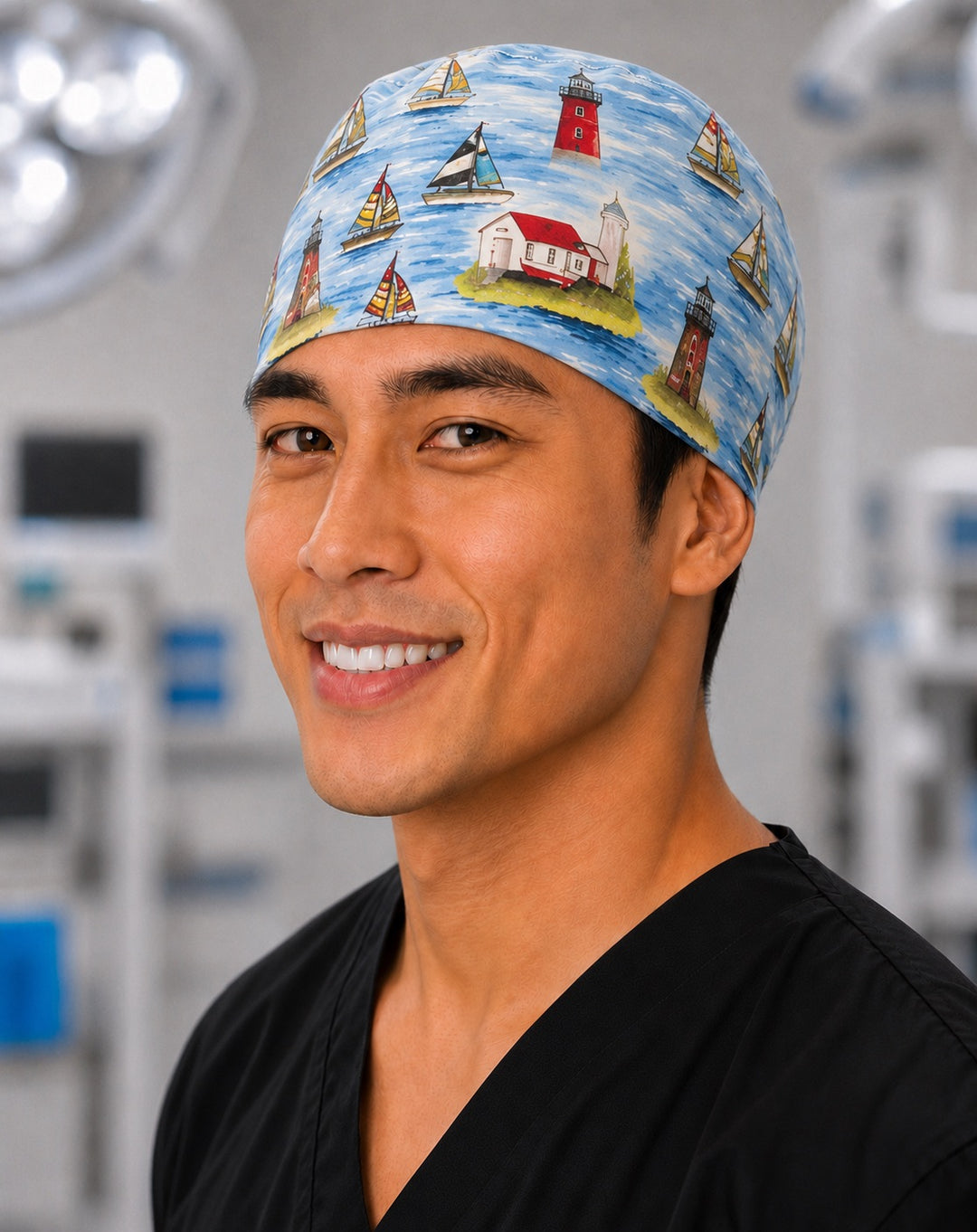 Three-quarter view of sailboat lighthouse coastal men's tie-back scrub cap, nautical OR surgical hat handmade in the USA