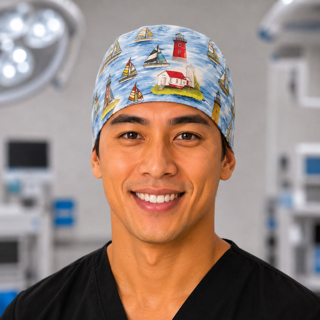 Sailboat and lighthouse nautical scrub cap in ocean blue, handmade men&