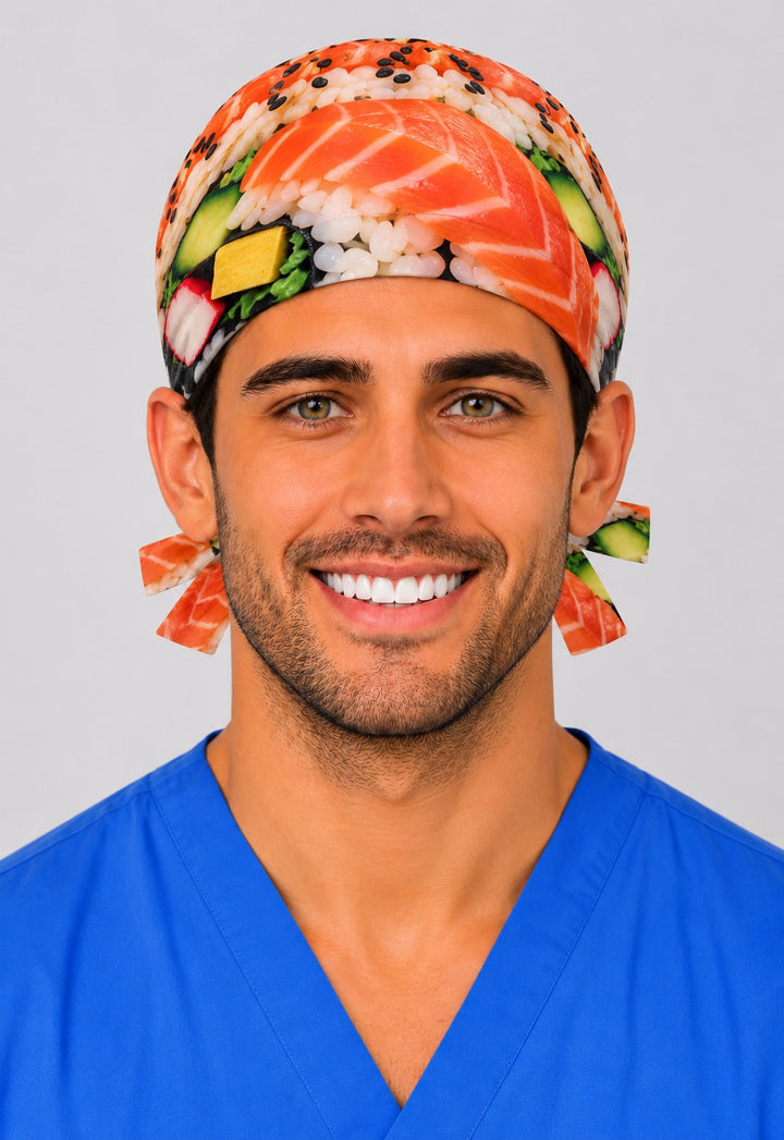 Front view of a salmon nigiri and sushi roll surgical cap for men, handmade by OR World